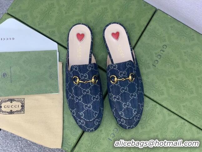 Purchase Gucci GG Denim Princetown Slipper with Horsebit 043055 Dark Blue 2021