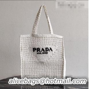 Shop Discount Prada Woven Raffia Tote Bag 1BG393 White 2021