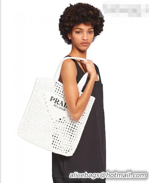 Shop Discount Prada Woven Raffia Tote Bag 1BG393 White 2021