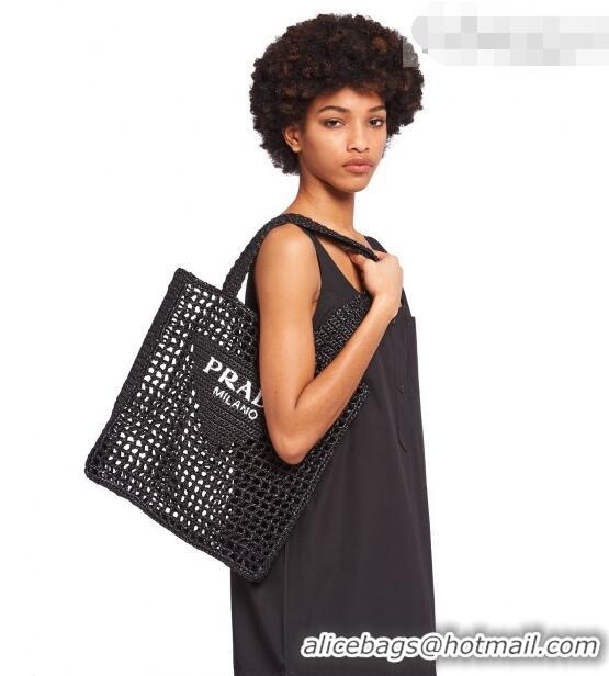 Shop Discount Prada Woven Raffia Tote Bag 1BG393 Black 2021