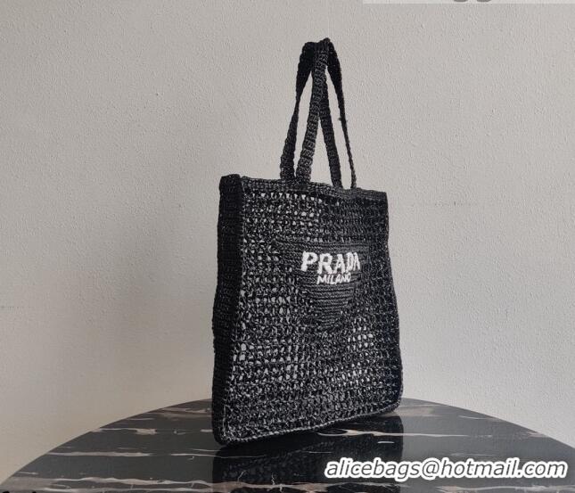 Shop Discount Prada Woven Raffia Tote Bag 1BG393 Black 2021