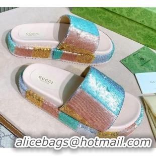 Pretty Style Gucci Striped Sequins Platform Slide Sandal 573018 2021