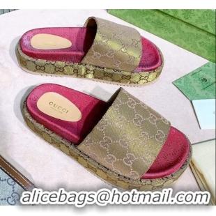 Good Quality Gucci GG Canvas Platform Slide Sandal 573018 Gold 2021