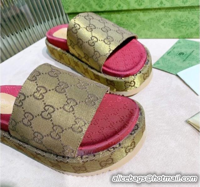 Good Quality Gucci GG Canvas Platform Slide Sandal 573018 Gold 2021