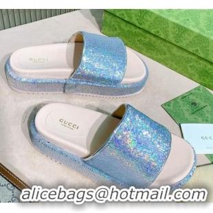 Grade Quality Gucci Sequins Platform Slide Sandal 573018 Light Blue 2021