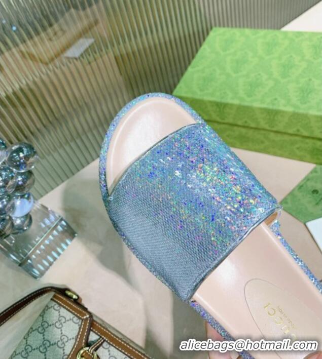 Grade Quality Gucci Sequins Platform Slide Sandal 573018 Light Blue 2021