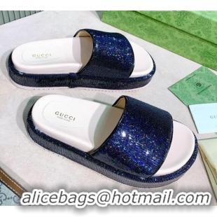 Good Looking Gucci Sequins Platform Slide Sandal 573018 Navy Blue 2021