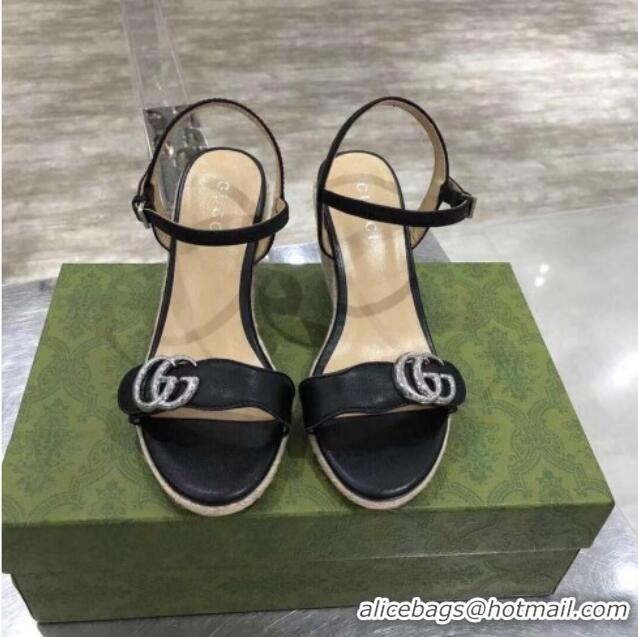 Lower Price Gucci GG Lambskin Wedge Sandals 050715 Black/Silver 2021