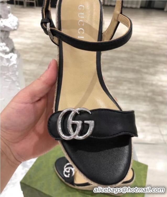 Lower Price Gucci GG Lambskin Wedge Sandals 050715 Black/Silver 2021