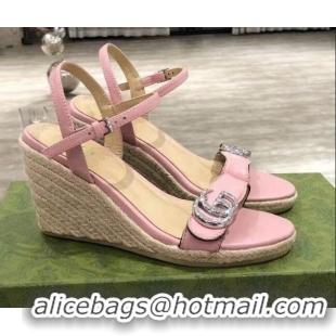 Shop Duplicate Gucci GG Lambskin Wedge Sandals 050715 Pink/Silver 2021