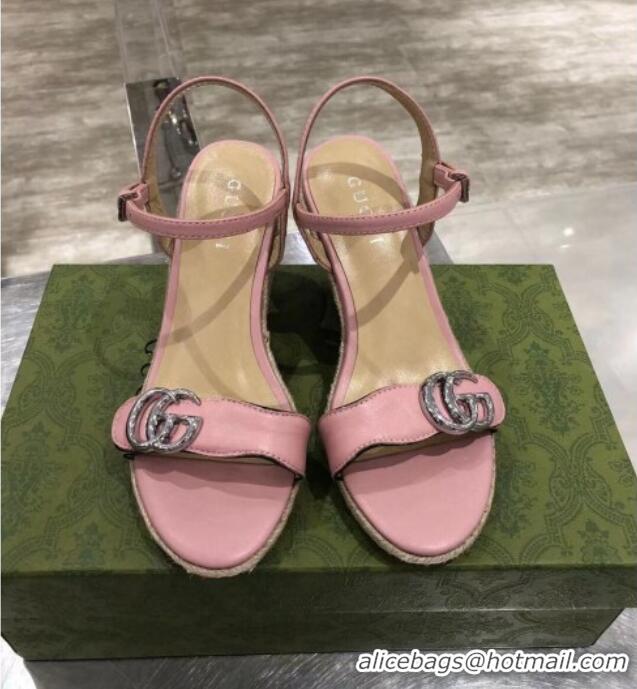 Shop Duplicate Gucci GG Lambskin Wedge Sandals 050715 Pink/Silver 2021