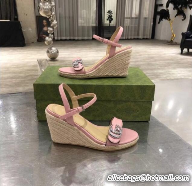 Shop Duplicate Gucci GG Lambskin Wedge Sandals 050715 Pink/Silver 2021