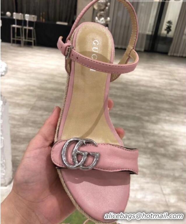 Shop Duplicate Gucci GG Lambskin Wedge Sandals 050715 Pink/Silver 2021