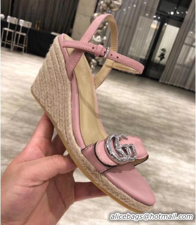 Shop Duplicate Gucci GG Lambskin Wedge Sandals 050715 Pink/Silver 2021