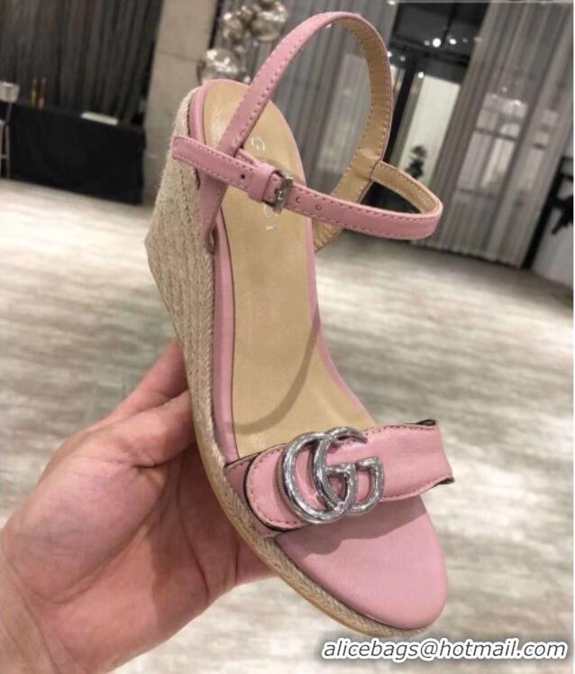 Shop Duplicate Gucci GG Lambskin Wedge Sandals 050715 Pink/Silver 2021