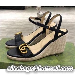 Top Quality Gucci GG Lambskin Wedge Sandals 050721 Black/Gold