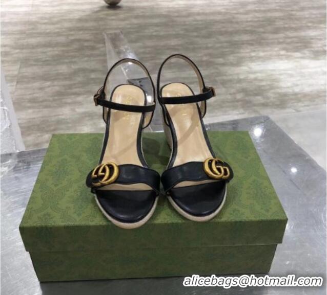 Top Quality Gucci GG Lambskin Wedge Sandals 050721 Black/Gold