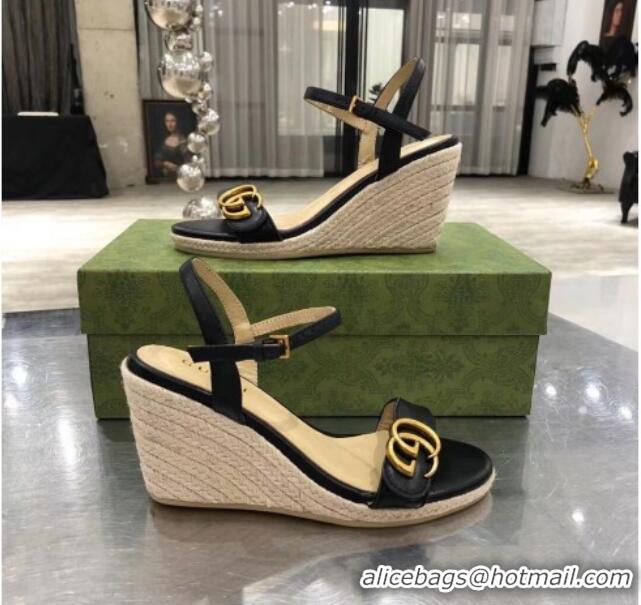 Top Quality Gucci GG Lambskin Wedge Sandals 050721 Black/Gold