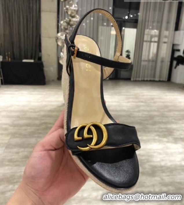 Top Quality Gucci GG Lambskin Wedge Sandals 050721 Black/Gold