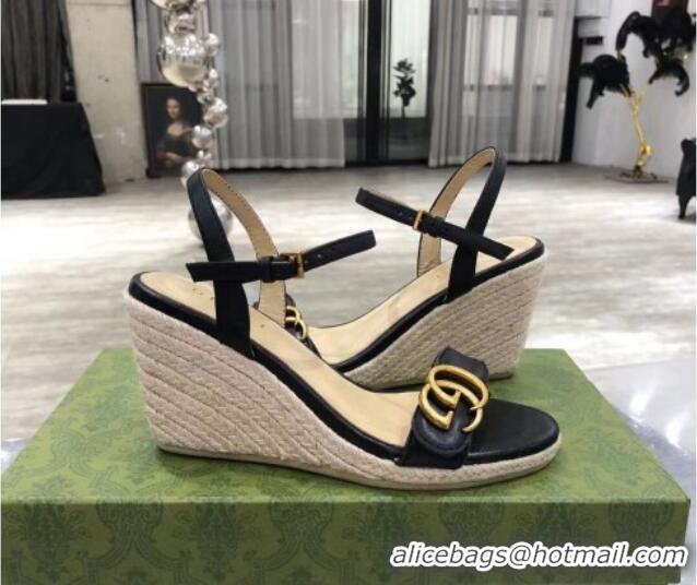 Top Quality Gucci GG Lambskin Wedge Sandals 050721 Black/Gold