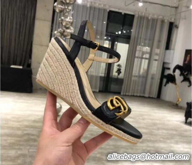 Top Quality Gucci GG Lambskin Wedge Sandals 050721 Black/Gold