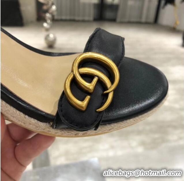 Top Quality Gucci GG Lambskin Wedge Sandals 050721 Black/Gold