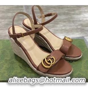 Good Looking Gucci GG Lambskin Wedge Sandals 050722 Brown/Gold 2021