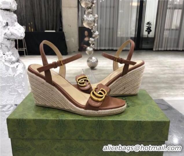 Good Looking Gucci GG Lambskin Wedge Sandals 050722 Brown/Gold 2021