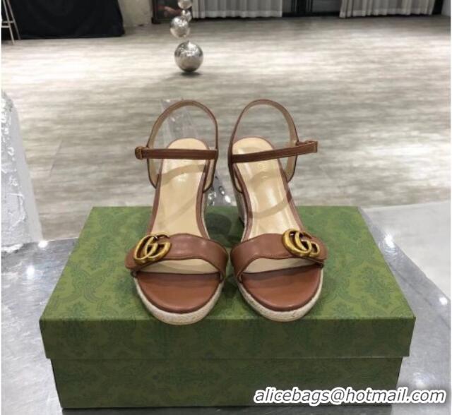 Good Looking Gucci GG Lambskin Wedge Sandals 050722 Brown/Gold 2021