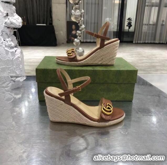 Good Looking Gucci GG Lambskin Wedge Sandals 050722 Brown/Gold 2021