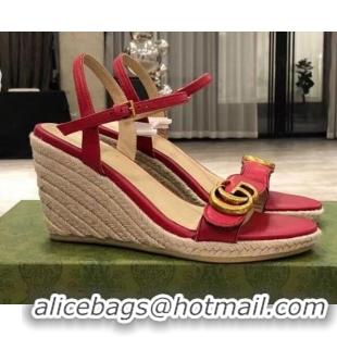 Top Design Gucci GG Lambskin Wedge Sandals 050722 Red/Gold 2021