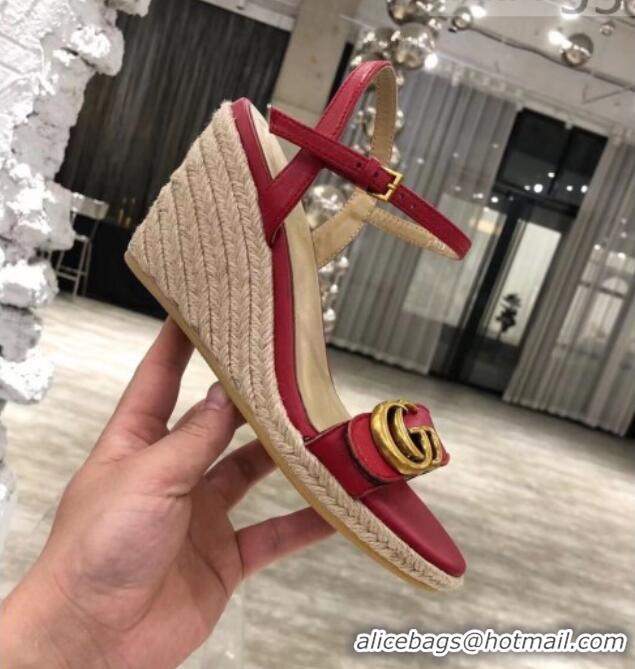 Top Design Gucci GG Lambskin Wedge Sandals 050722 Red/Gold 2021