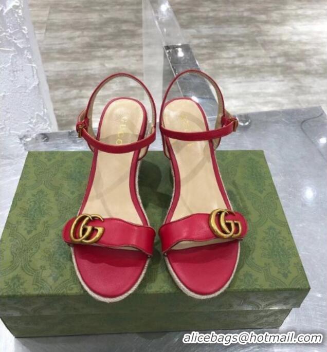 Top Design Gucci GG Lambskin Wedge Sandals 050722 Red/Gold 2021