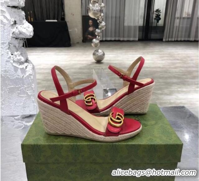 Top Design Gucci GG Lambskin Wedge Sandals 050722 Red/Gold 2021