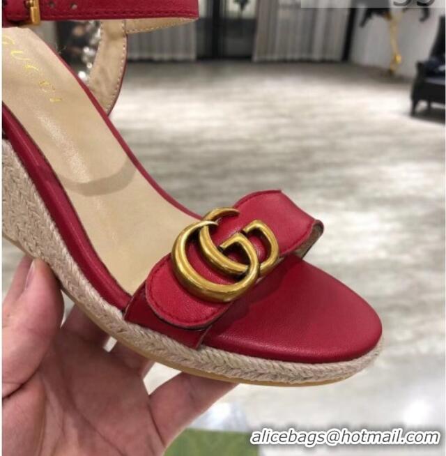 Top Design Gucci GG Lambskin Wedge Sandals 050722 Red/Gold 2021