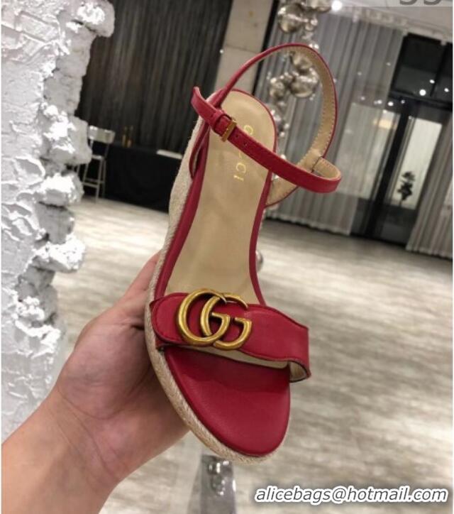 Top Design Gucci GG Lambskin Wedge Sandals 050722 Red/Gold 2021