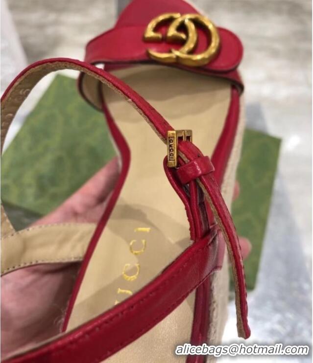 Top Design Gucci GG Lambskin Wedge Sandals 050722 Red/Gold 2021