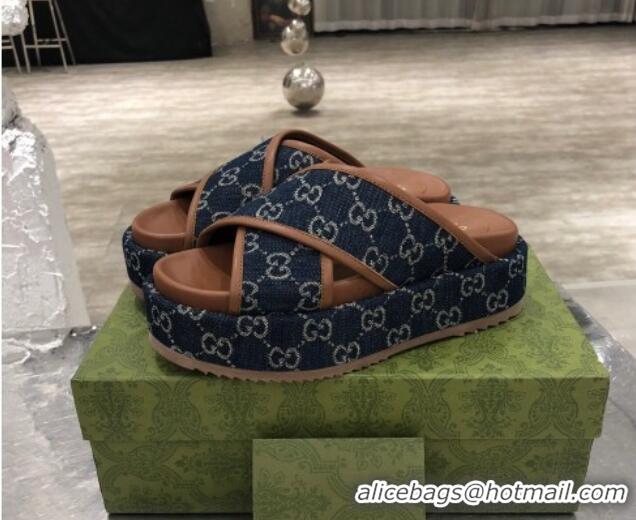 Shop Duplicate Gucci GG Denim Platform Sandal 663666 Dark Blue 2021