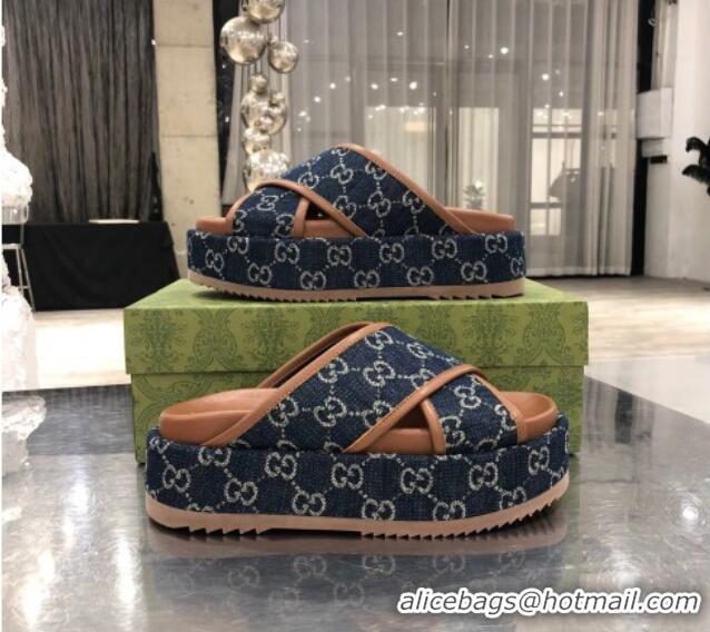 Shop Duplicate Gucci GG Denim Platform Sandal 663666 Dark Blue 2021