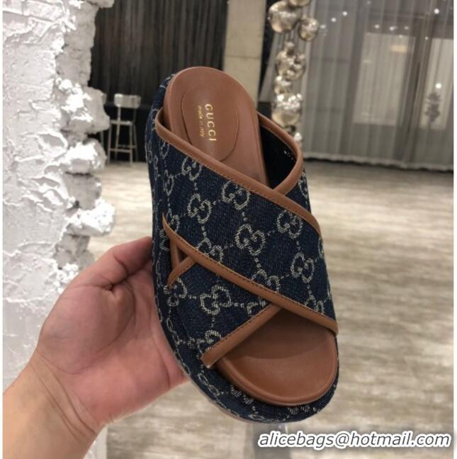 Shop Duplicate Gucci GG Denim Platform Sandal 663666 Dark Blue 2021