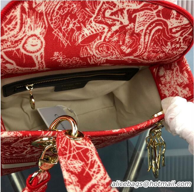 Famous Brand Dior MEDIUM LADY D-LITE BAG Flowers Embroidered Denim M0565OJA Red