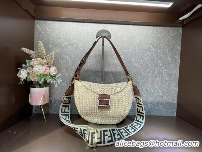 Famous Brand FENDI SMALL CROISSANT Woven straw bag 8BR790AFG