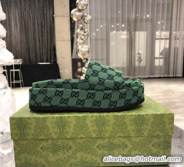 Best Luxury Gucci GG Multicolor Canvas Platform Slide Sandal 573018 Green/Black 2021