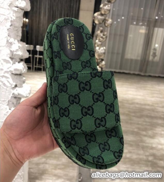 Best Luxury Gucci GG Multicolor Canvas Platform Slide Sandal 573018 Green/Black 2021