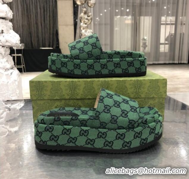 Best Luxury Gucci GG Multicolor Canvas Platform Slide Sandal 573018 Green/Black 2021