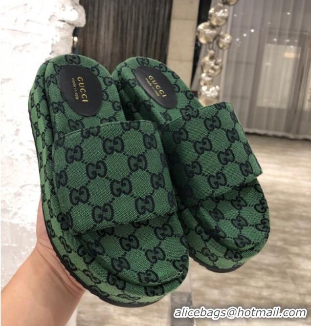 Best Luxury Gucci GG Multicolor Canvas Platform Slide Sandal 573018 Green/Black 2021