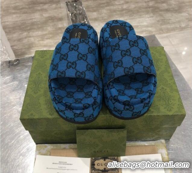 Low Price Gucci GG Multicolor Canvas Platform Slide Sandal 573018 Blue