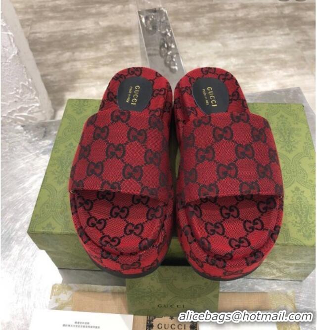 Super Quality Gucci GG Multicolor Canvas Platform Slide Sandal 573018 Red