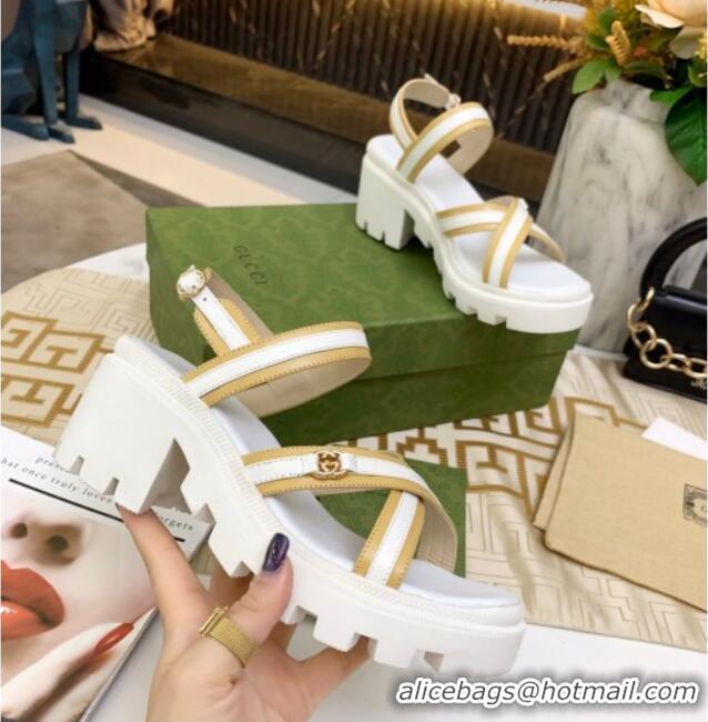 Good Quality Gucci Lug Sole Sandal with Web 050766 White 2021