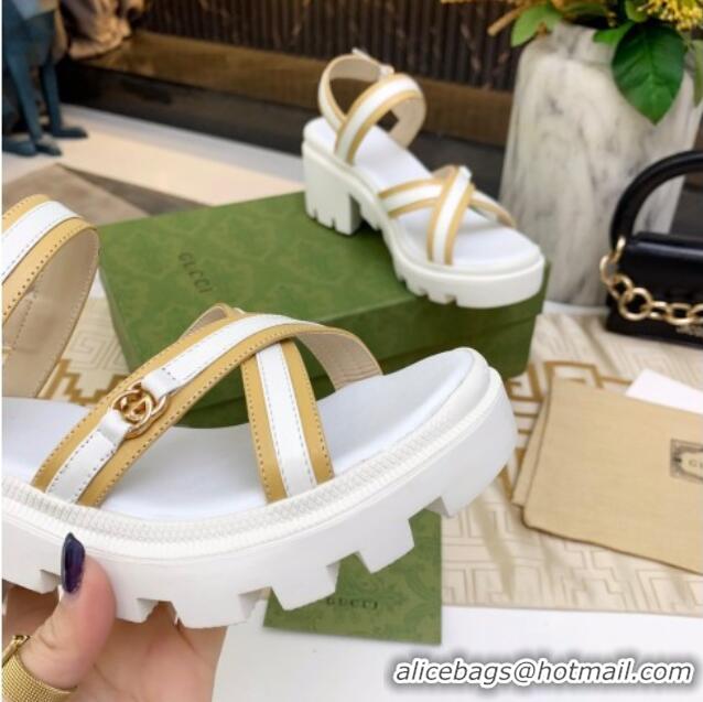 Good Quality Gucci Lug Sole Sandal with Web 050766 White 2021